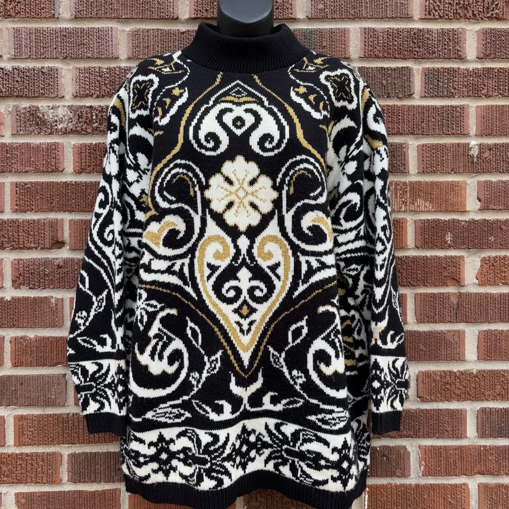 Trimmings Sweater Women's XL Multicolor Black White Gold Mock Neck Vintage